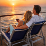 Entspannter Urlaub auf Kreuzfahrtschiff bei Sonnenuntergang Entspannter Urlaub auf Kreuzfahrtschiff bei Sonnenuntergang